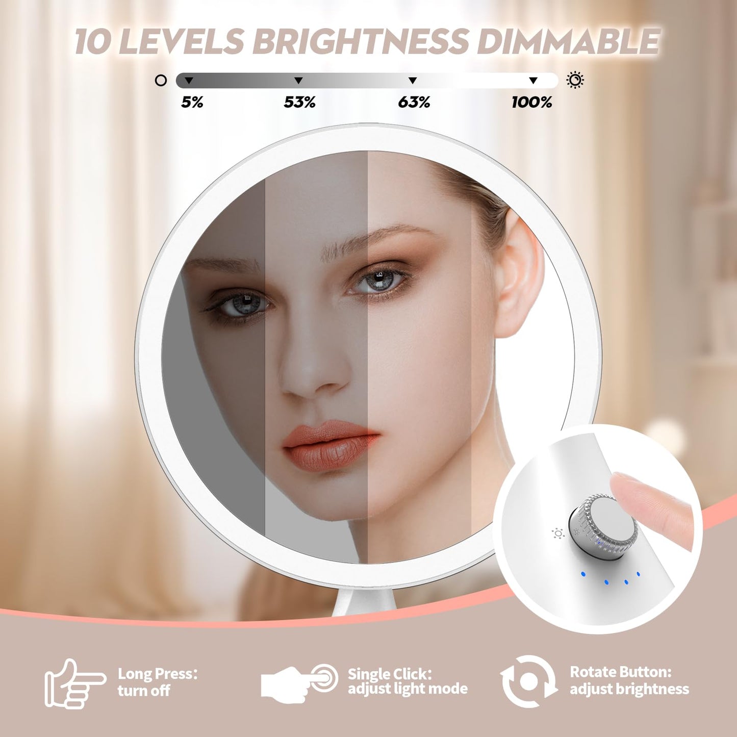 METUEGO 10 Inch Lighted Makeup Mirror with 7X Magnification,3 Colors & 10 Brightness Levels, Rechargeable Vanity Mirror with 5000mAh Battery, Anti-Glare,Gift Box (White)