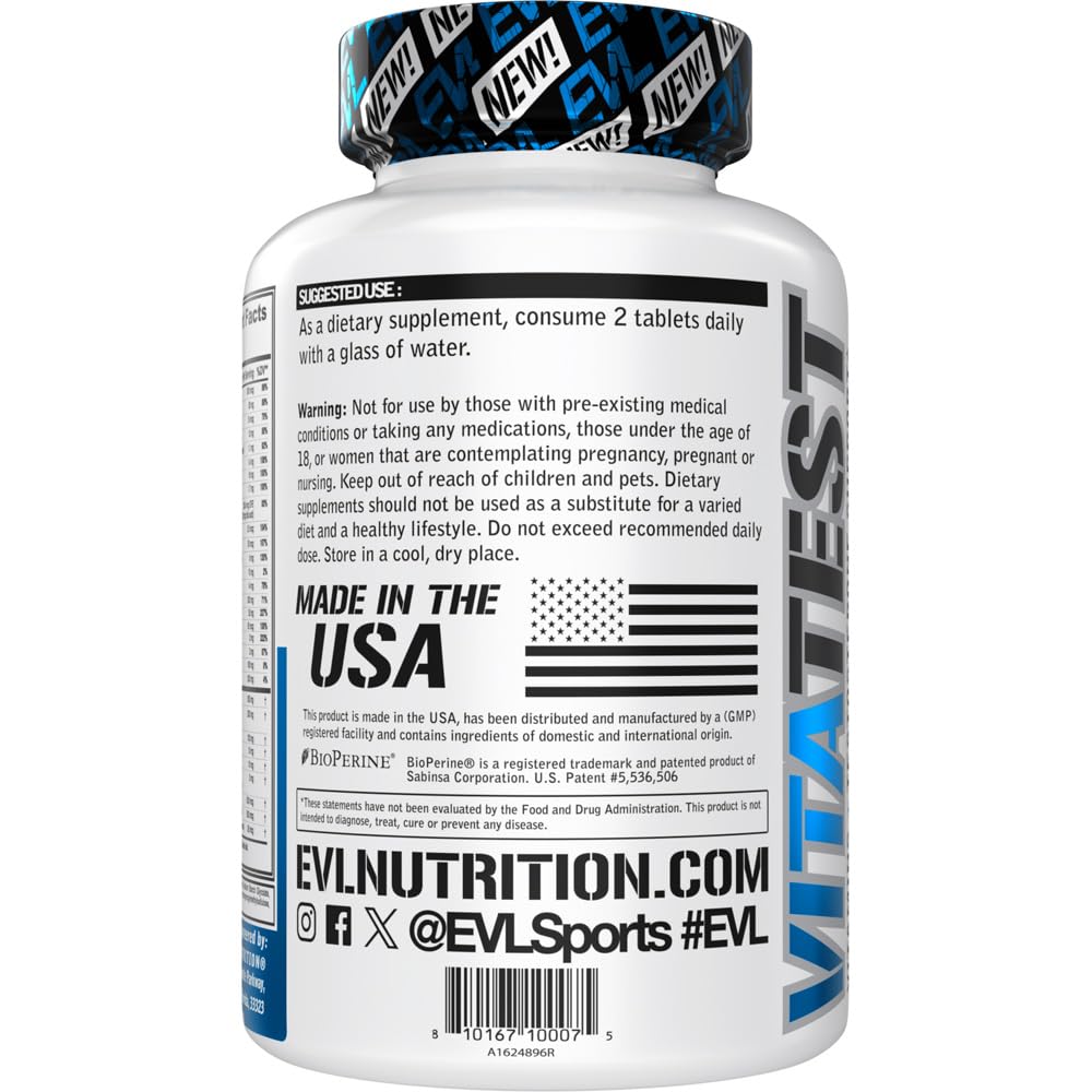 Evlution Nutrition VitaTest - Vitamins + Testosterone Support - Key Vitamin + Mineral Support - Men’s Daily Nutrient & Testosterone Support - Bone, Eye & Immune Support - 45 Servings - 90 Tablets