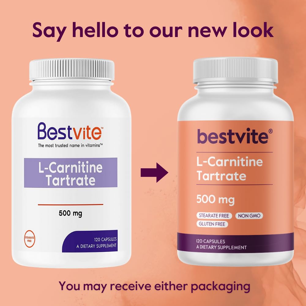 BESTVITE L-Carnitine Tartrate 500mg per Capsule (240 Capsules)(120x2) - No Stearates - Non GMO - Gluten Free