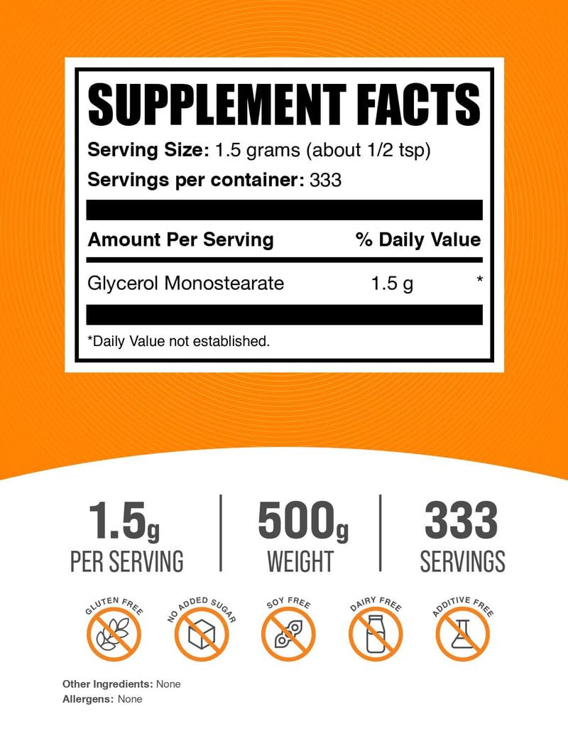 BulkSupplements.com Glycerol Monostearate Powder - Glycerol Powder, Glycerol Supplement, Energy Source - Food Grade, Gluten Free, 1500mg per Serving, 500g (1.1 lbs) (Pack of 1)