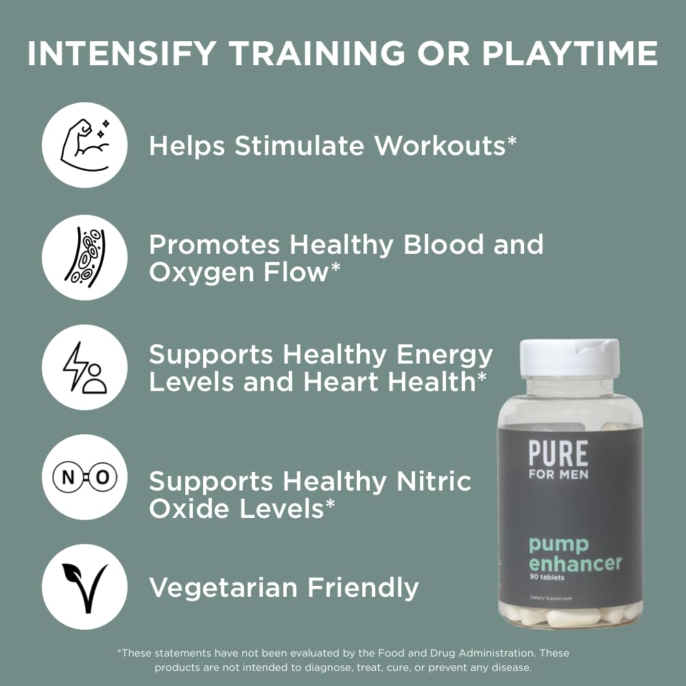 Pure for Men Pump Enhancer | Pre Workout Supplement for Muscle Pump, Stamina and Increased Blood Flow | Nitric Oxide Booster with L-Arginine & L-Citrulline | Focus and Energy Support | 90 Count