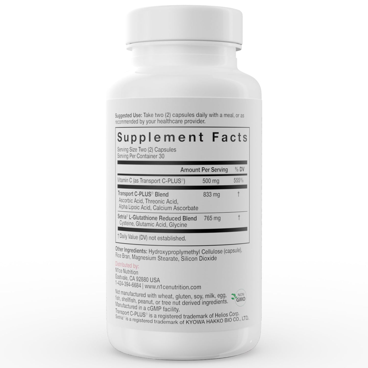 N1CE Nutrition L-Glutathione 765mg with Vitamin C 500mg - Setria® Glutathione - Reduced Form Blend & Transport C-Plus® - Vitamin C - 60 Capsules