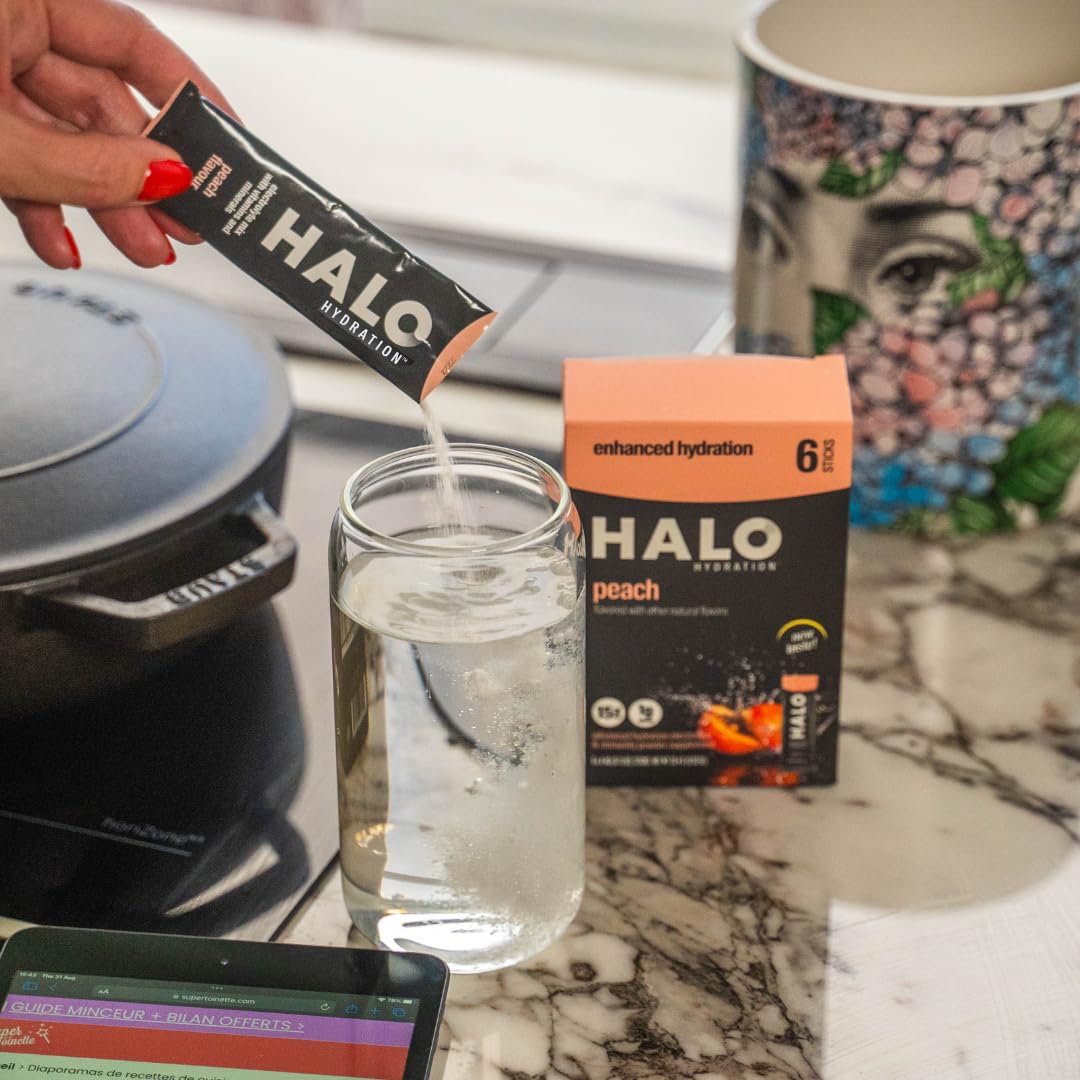 Halo Hydration Electrolyte Powder Packets - Peach - 6 Servings (5g Each) - Organic Hydration Drink with Low Sugar + Essential Vitamins + Minerals - Vegan