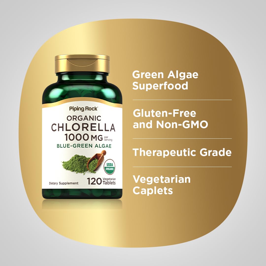 Piping Rock Chlorella | 1000mg | 120 Tablets | Blue-Green Algae | Broken Cell Wall Organic | Non-GMO, Gluten Free Supplement