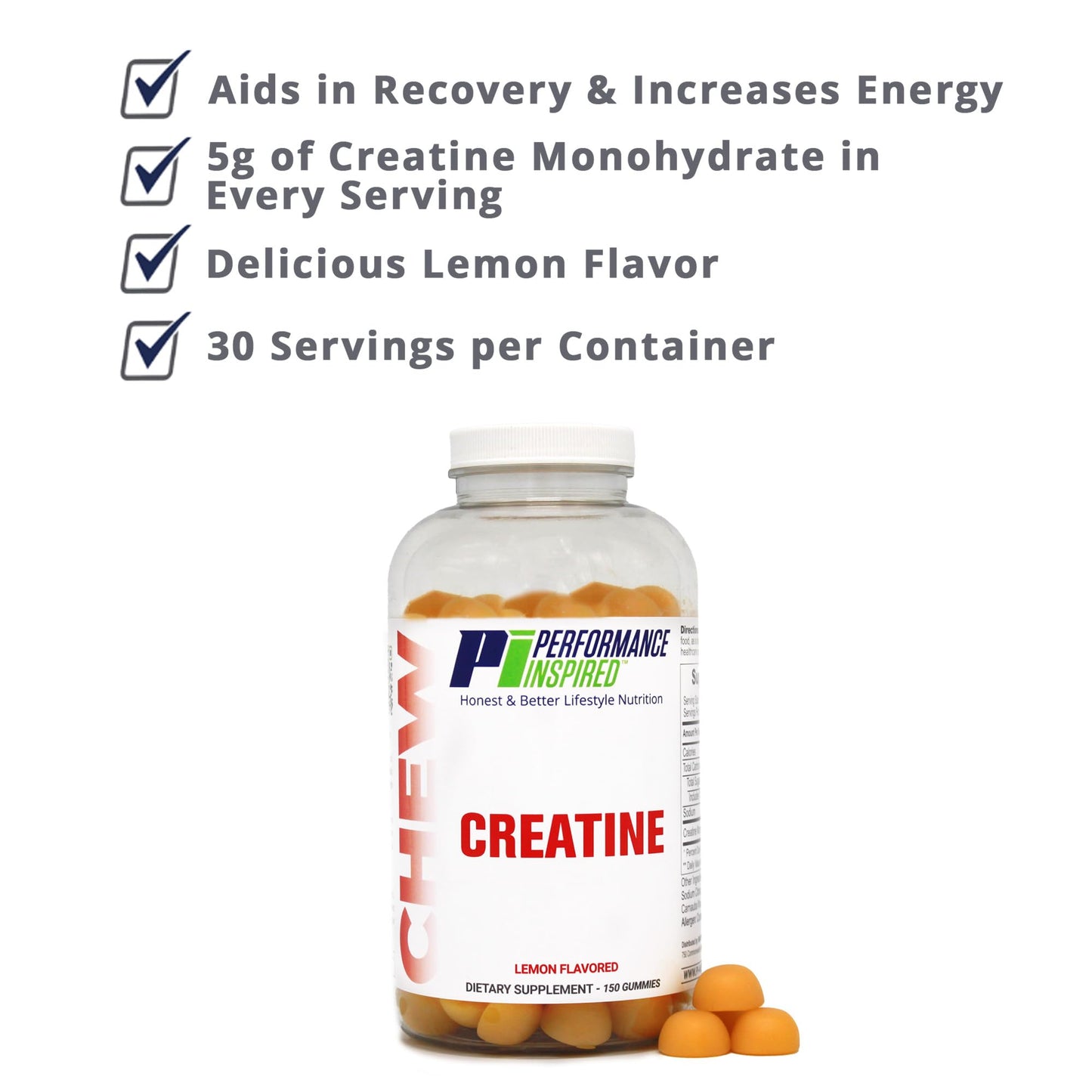 PERFORMANCE INSPIRED Creatine Gummies - 5g Creatine Monohydrate - Muscle Recovery & Strength Support - Lemon Flavor - 150 Count