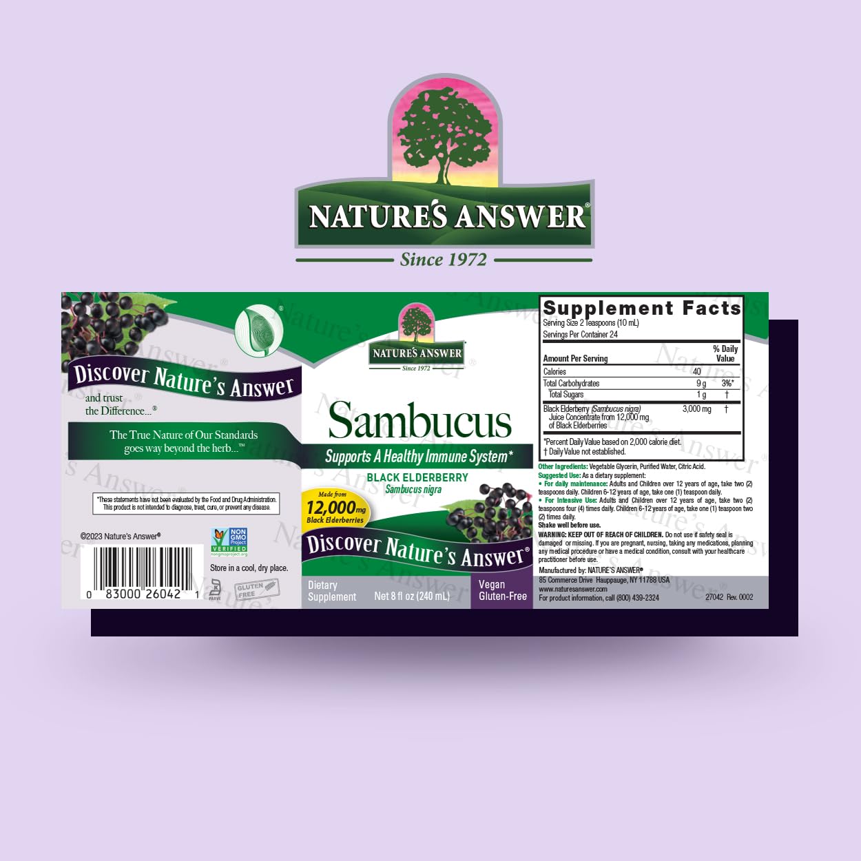 Nature's Answer Alcohol-Free Sambucus Dietary Supplement 8oz Liquid | Immune Support | Antioxidant Boost | Gluten-Free, Vegan, Non-GMO | Single Count
