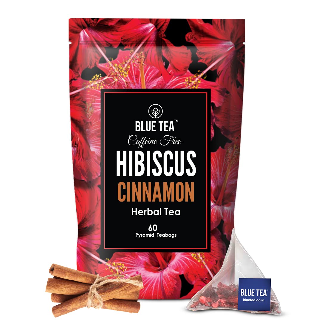 BLUE TEA Hibiscus Cinnamon Herbal Tea 60 Tea Bags PRIME SAVINGS DAY TANGY SPICY Caffeine Free Farm Packed Flower Based Vegan Gluten Free NonGMO EcoConscious Ziplock Pouch