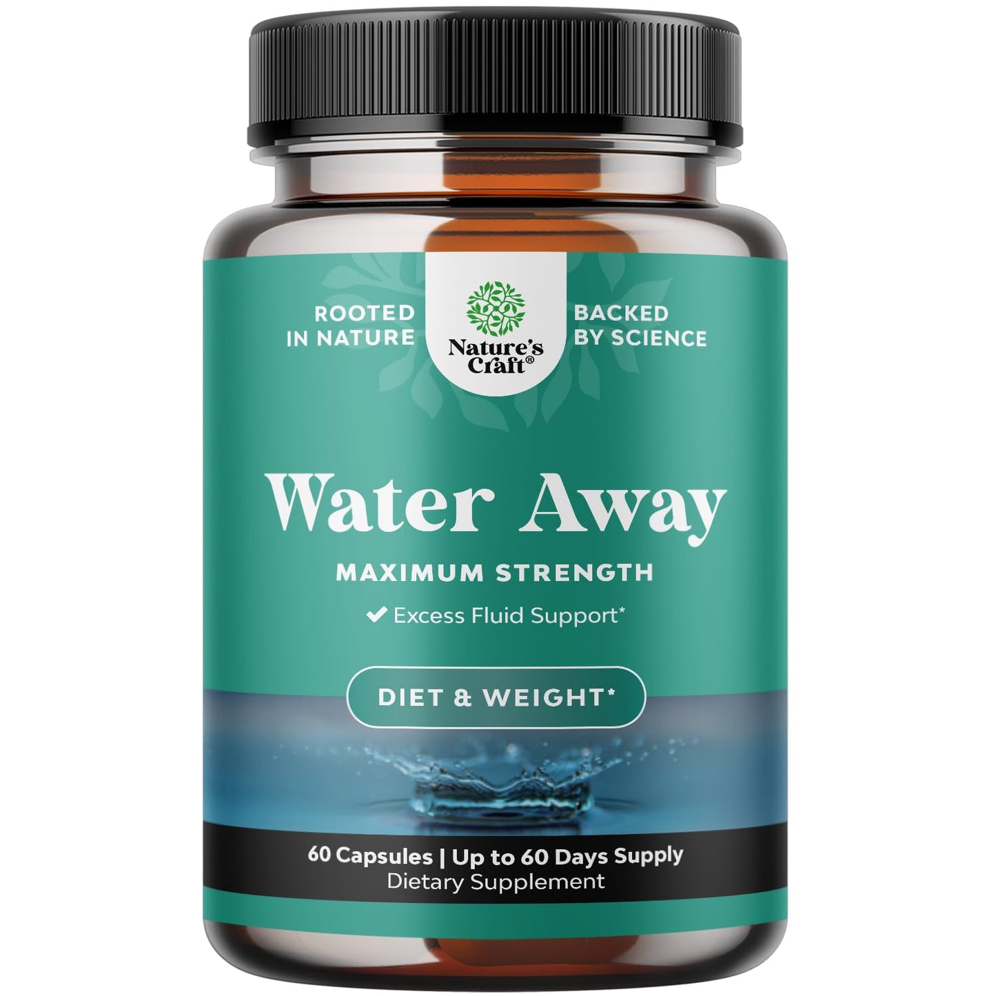 Water Away Herbal Diuretic Pills High Strength - Fluid Retention Supplement with Dandelion Leaf Extract & Green Tea for Bloating Relief for Women & Men - Capsules for Leg & Feet Swelling - 60 Count
