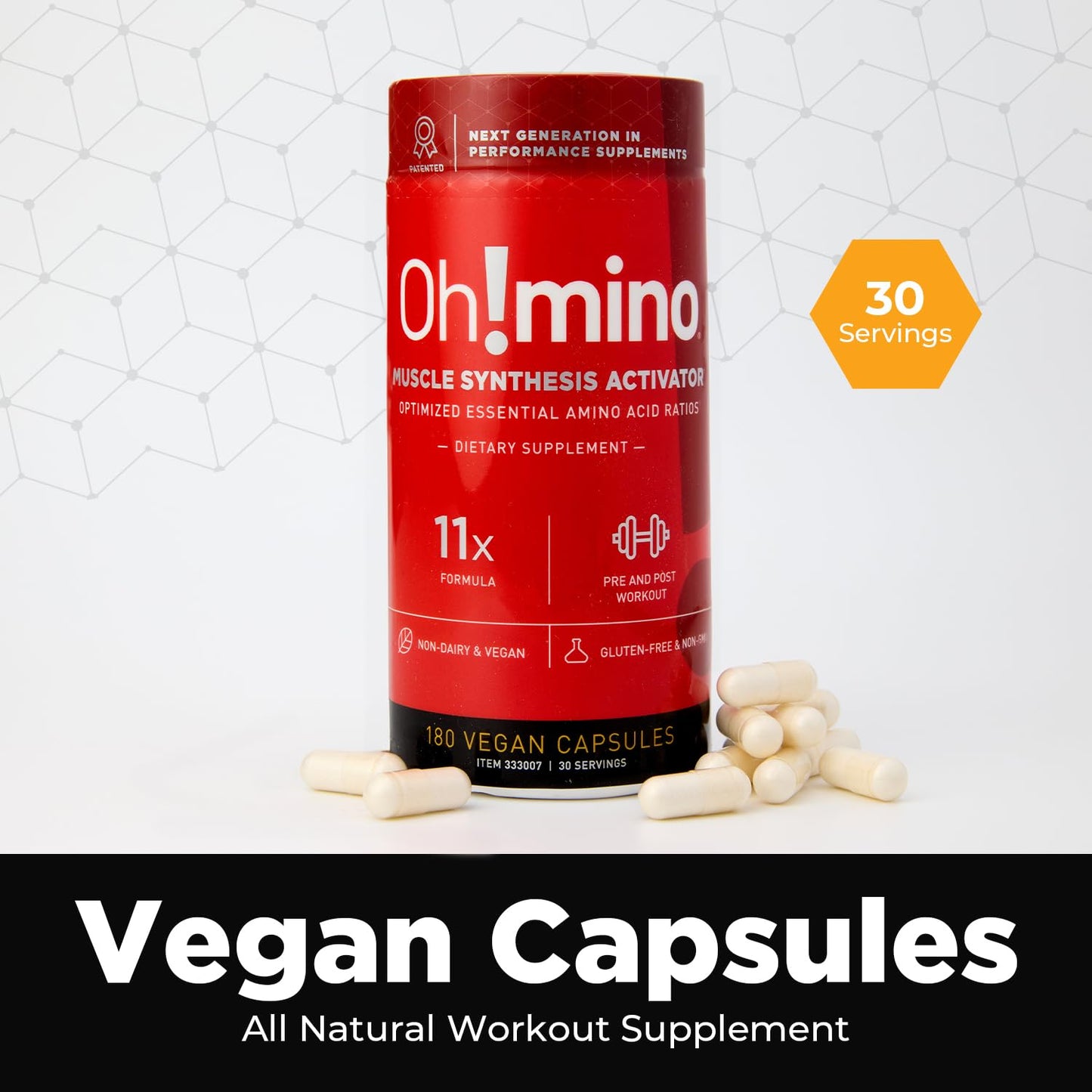 Oh!mino Amino Acids Supplement for Protein Synthesis - EAAs Capsules for Muscle Recovery, Pre & Post Workout - Caffeinated, Non Dairy, Vegan, Zero Sugar & Net Carbs (180-Count, 30 Servings)