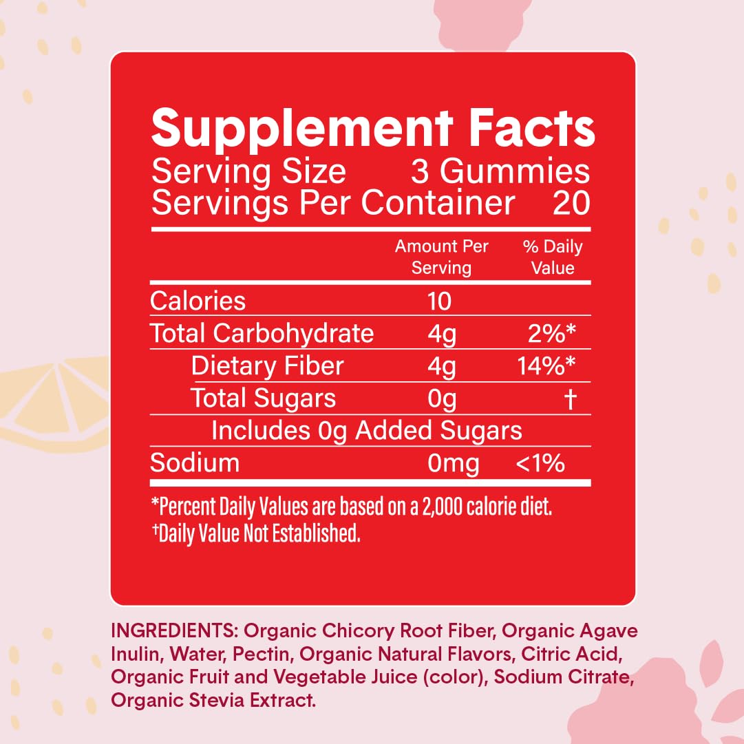 Bellway Super Fiber Gummies for Adults - Sugar Free Organic Fiber Supplement Gummies with 4g of Fiber per Serving - Prebiotic Chicory Root Fiber for Digestive Gut Health, Raspberry Lemon, 60 Count
