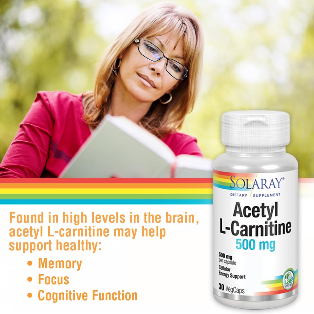 SOLARAY Acetyl L-Carnitine 500 mg | Healthy Cellular Energy, Memory, Mood, and Cardiovascular Support | 30 VegCaps