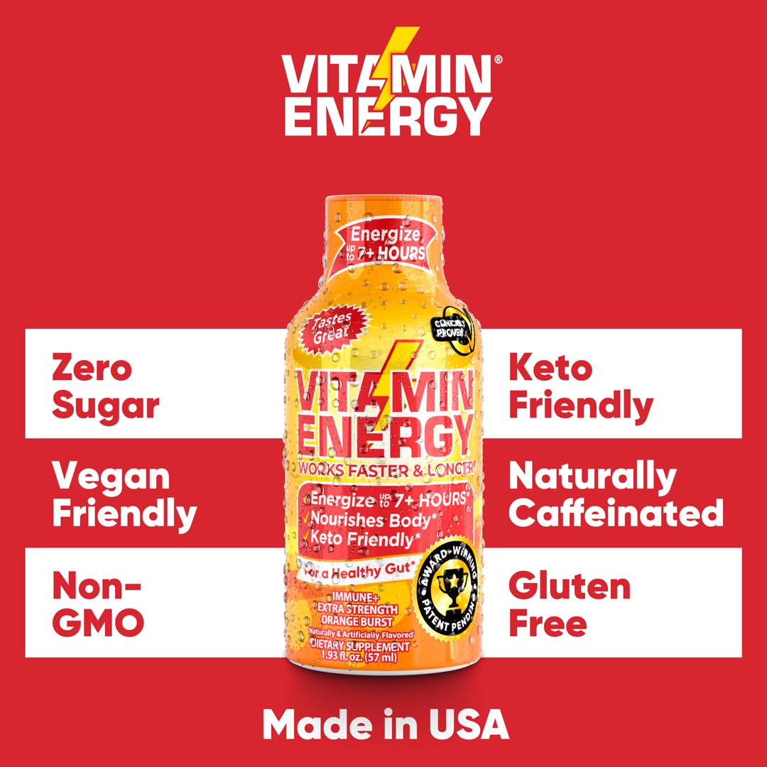 Vitamin Energy Immune+ Extra Strength Energy Shot - Orange Burst - 100% DV B-Vitamins & 260mg Caffeine - Zero Calories, Sugar-Free, Vegan, Non-GMO - Immunity & Energy Support - 1.93 fl oz, 24-Pack