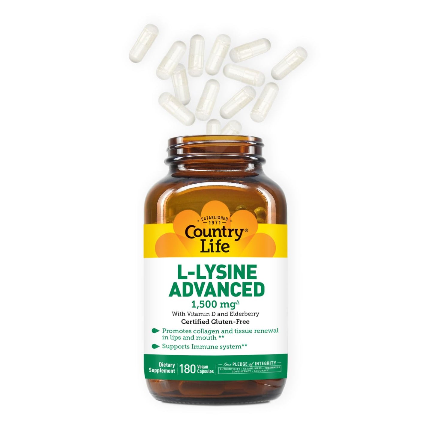 Country Life L-Lysine 1500mg Capsules with Vitamin D & Elderberry - Advanced Immune Support and Collagen Renewal - Certified Gluten-Free & Vegan - 180 Capsules