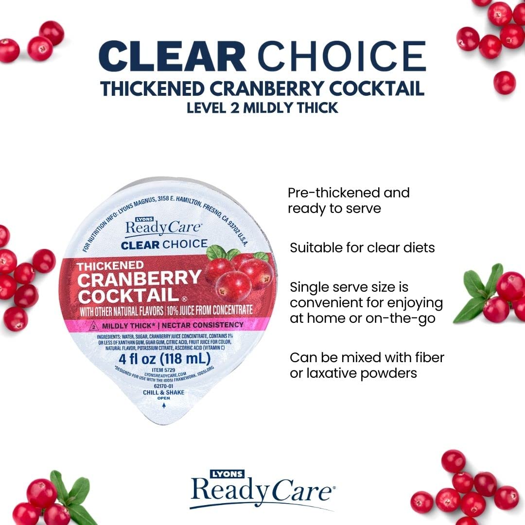 Lyons ReadyCare Thickened Cranberry Cocktail for Dysphagia Swallowing Difficulty Nectar Consistency Level 2 Mildly Thick 4 fl oz 48 Pack