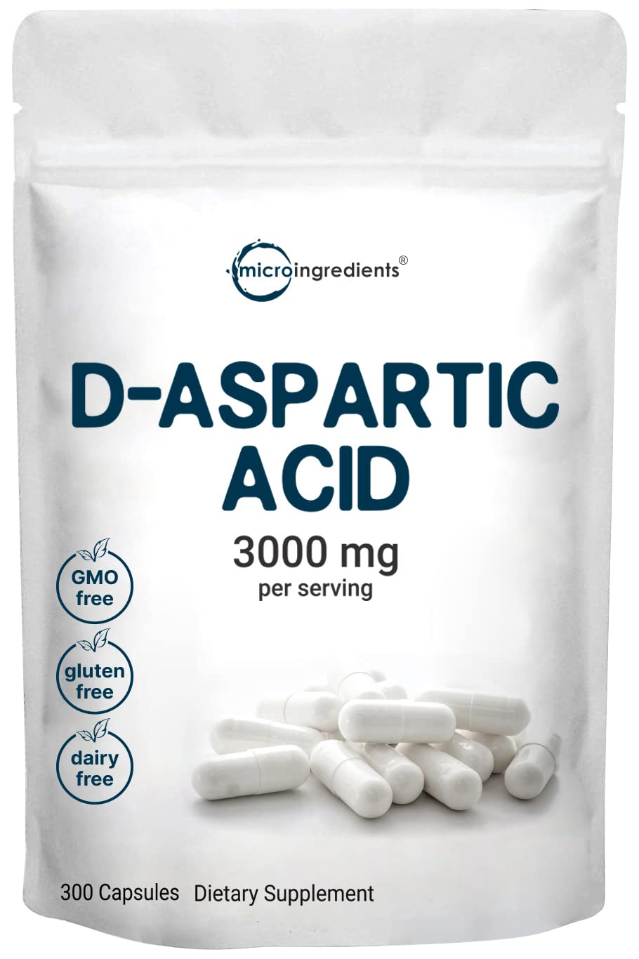 Micro Ingredients D Aspartic Acid Pills, DAA Supplement, 3000mg Per Serving, 300 Capsules, Premium D Aspartic Acid, Non-GMO