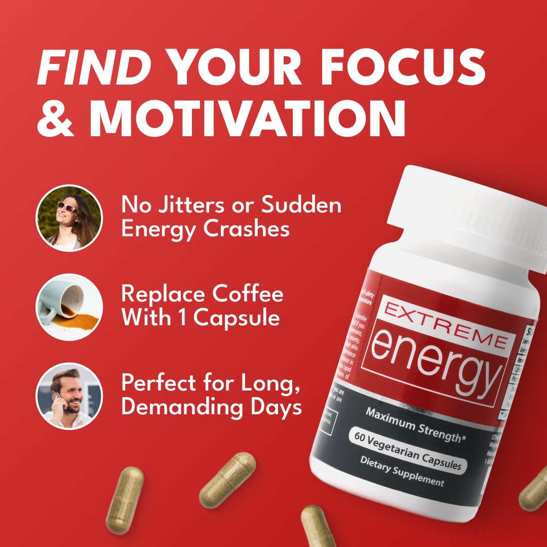 Extreme Energy Pills - Maximum Strength All-Natural Energy Supplements for Fatigue, Focus, Motivation - Long-Lasting, Powerful Energy Without Crash, Jitters, Sugar (60 Ct)