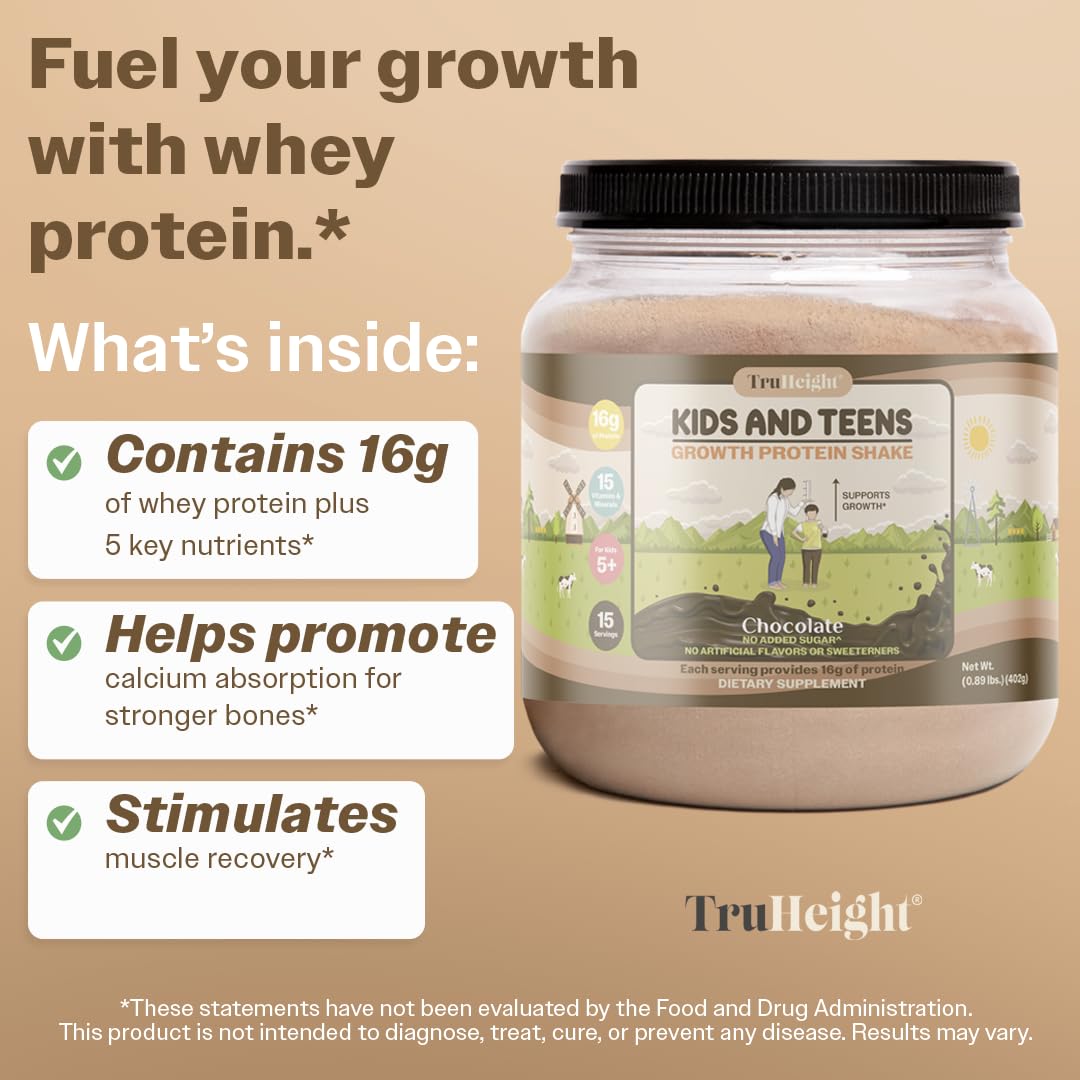 TruHeight Growth Protein Shake (Chocolate Milk Flavor, Whey) Natural Growth & Development Protein Powder for Kids & Teens - Weight Gain Drinks - Endorsed by Pediatricians, Picky Eater Vitamin, Ages 5+