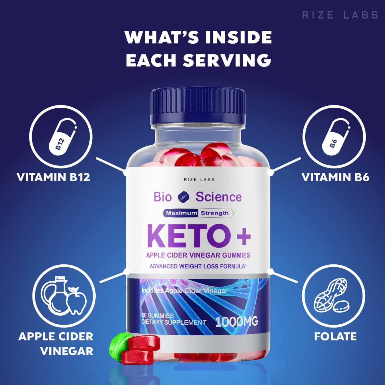 rize labs - Bio Science Keto Plus Gummies for Weight Loss, Extra Strength, Advanced Formula Includes Apple Cider Vinegar Gummies (60 Gummies)