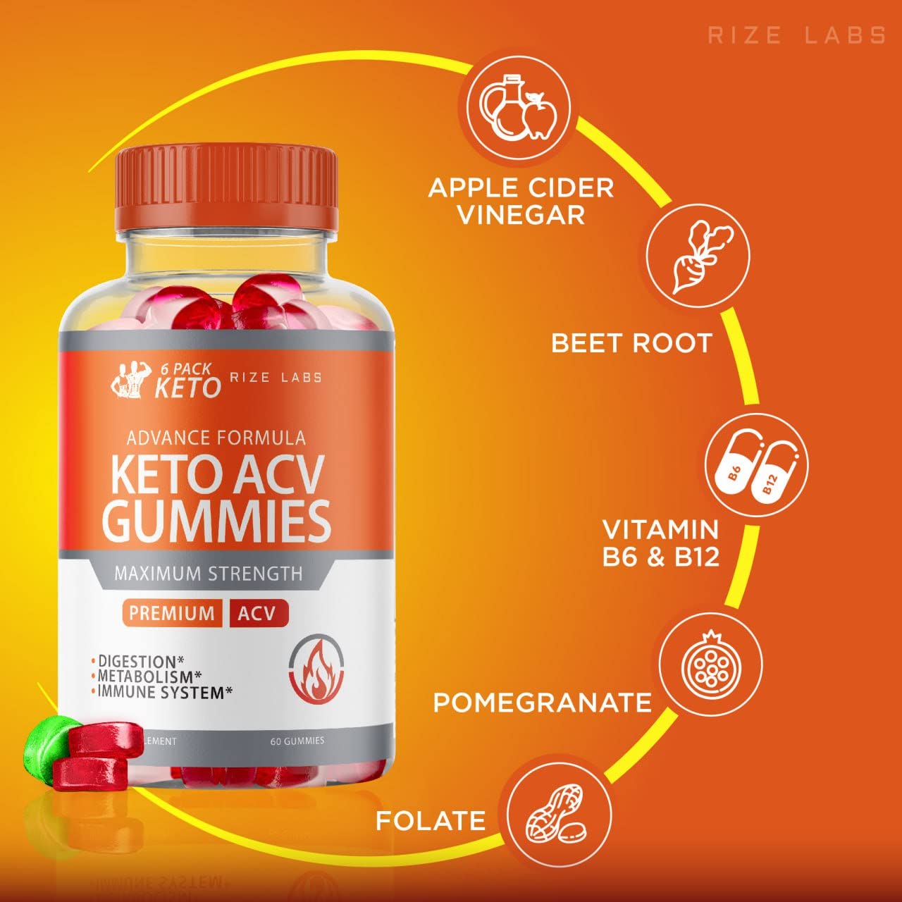 rize labs - 6 Pack Keto Advanced Formula ACV Gummies (60 Gummies)