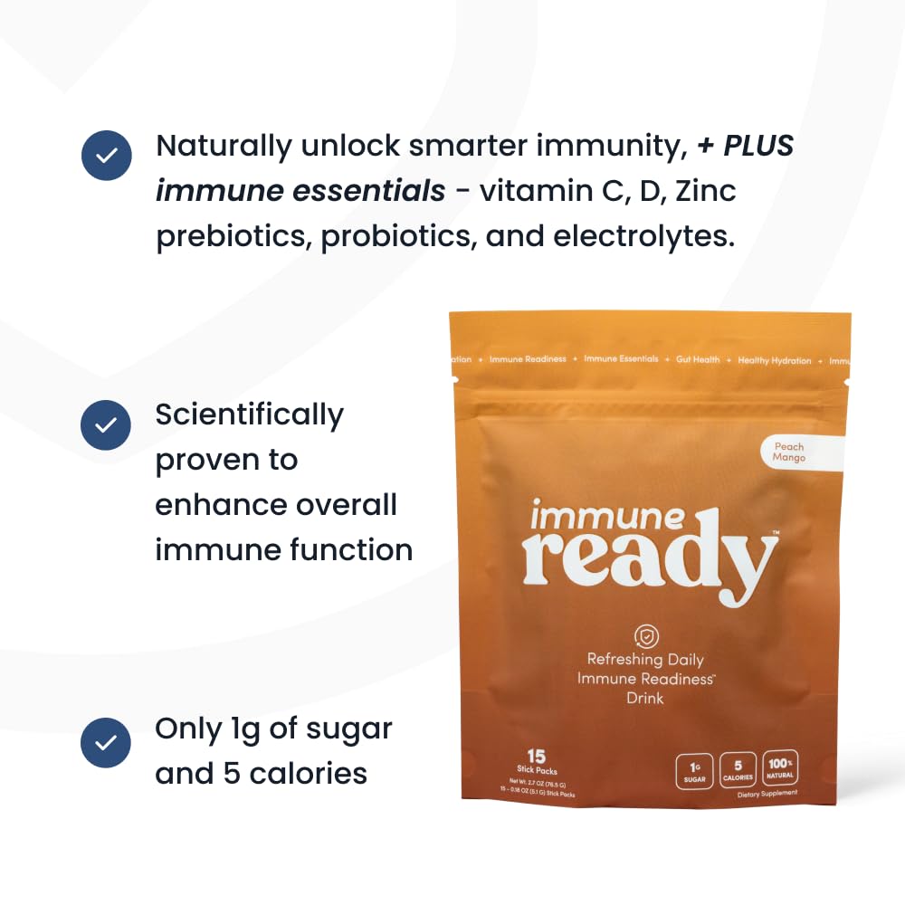 Immune Ready™ - Refreshing Daily Immune Readiness Drink Mix - Peach Mango Flavor - Supports Immune & Digestive Health - Natural Ingredients - 1 Pouch (Pack of 15)