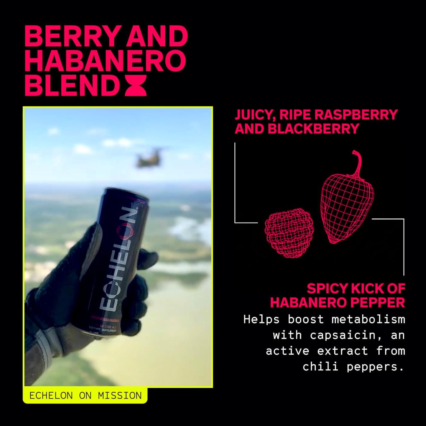 Echelon Pre-Workout Energy Drink - 12-Pack, Berry Habanero - Peak Performance, Sustained Energy, Focus and Endurance Dietary Supplement - 300mg of Caffeine, Beta-Alanine, L-Theanine & Fiber - Vegan
