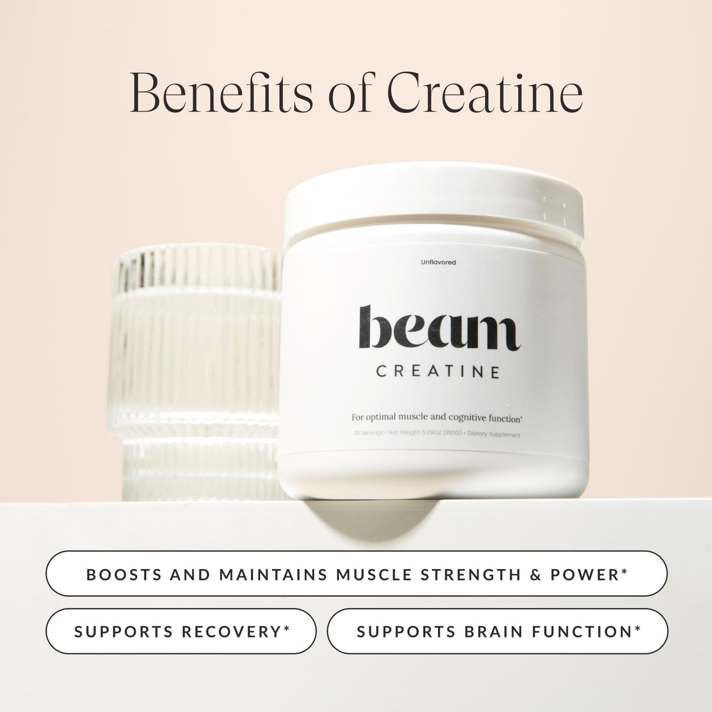 Beam Creatine Monohydrate Powder - Micronized Creatine for Muscle Growth, Strength, Endurance & Recovery - Unflavored, Fast-Dissolving, Workout Supplement for Men & Women, Keto & Vegan - 30 Servings