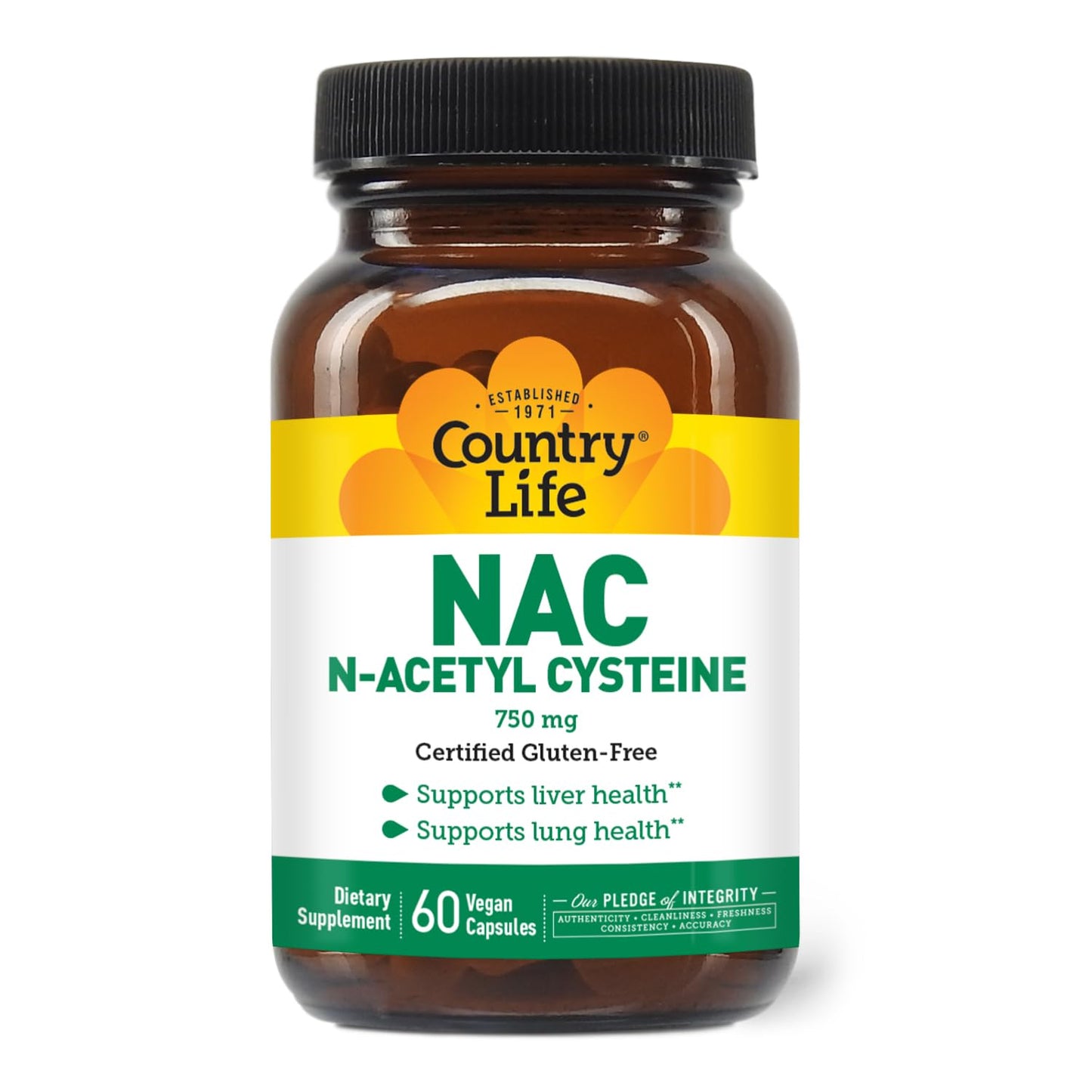 Country Life N-Acetyl Cysteine (NAC) 750 mg - Premium Liver Support and Lung Health Supplement - Powerful Antioxidant Protection, Liver Detox & Cleanse, Immune Support, 60 Vegetarian Capsules