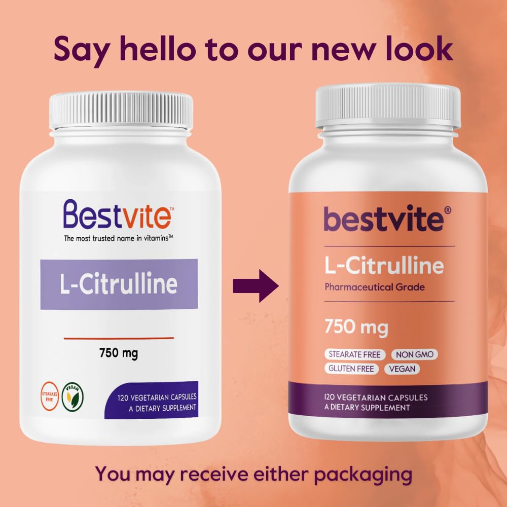 BESTVITE L-Citrulline 750mg per Capsule (120 Vegetarian Capsules) - No Stearates - No Silica - No Fillers - Non GMO - Gluten Free - Vegan