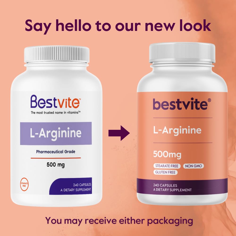 BESTVITE L-Arginine 500mg (240 Capsules) - No Magnesium Stearate - No Silicon Dioxide - No Fillers - Non GMO - Gluten Free