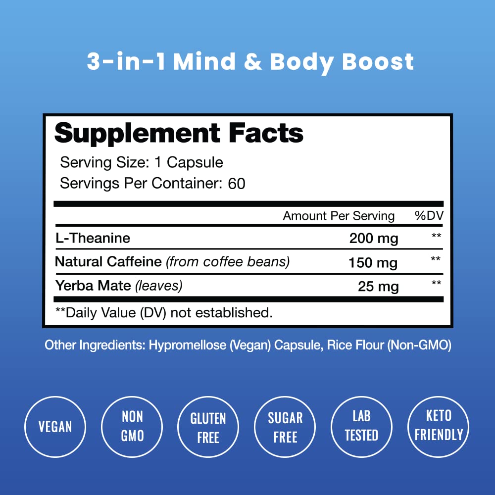 Caffeine Pills with L-Theanine for Focused Energy, Smooth & Clean Energy Supplement for Focus & Performance, No Crash, No Jitters, 60 Vegan Energy Pills