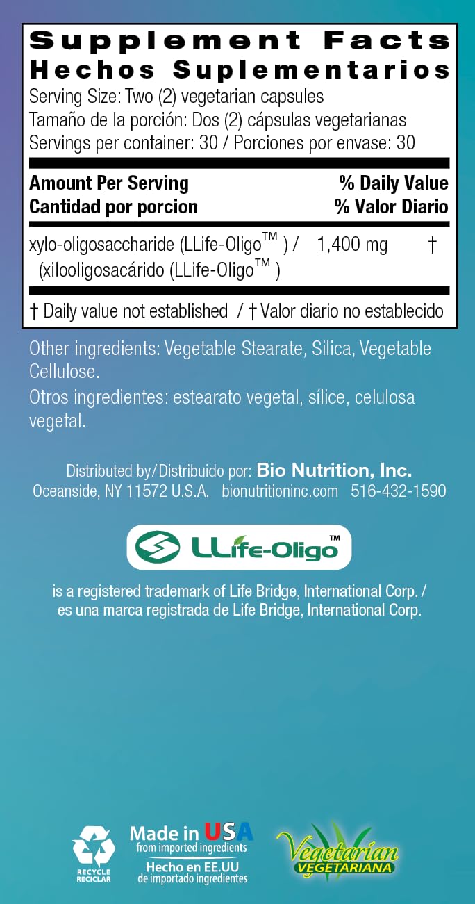 Bio Nutrition Pre-Biotic 60 Vegetarian Capsules Llife Oligo Prebiotic Fiber XOS Patented Formula Improves Gut Health | Promotes Strong Intestinal Flora