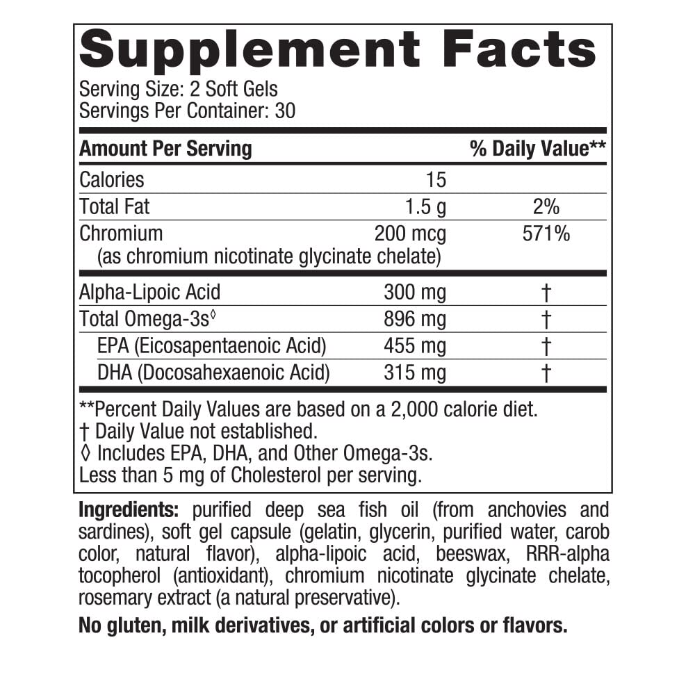 Nordic Naturals Omega Blood Sugar, Lemon - 60 Soft Gels - 896 mg Omega-3 + Alpha-Lipoic Acid & Chromium - Metabolism - Non-GMO - 30 Servings