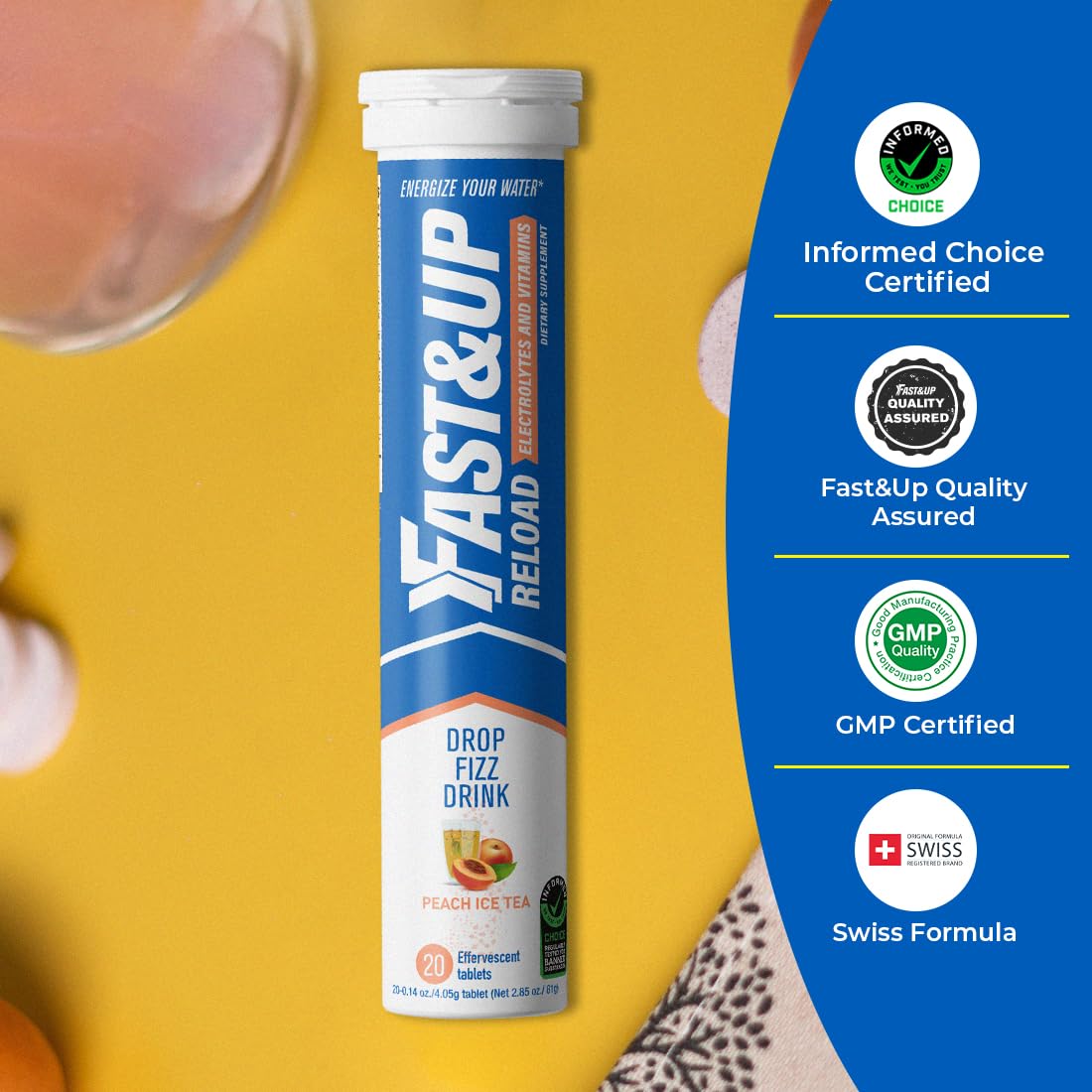 FAST&UP Reload - Instant Hydration and Electrolytes Replenishment - Saver Multipack - 60 Effervescent Tablets (Peach Ice Tea)