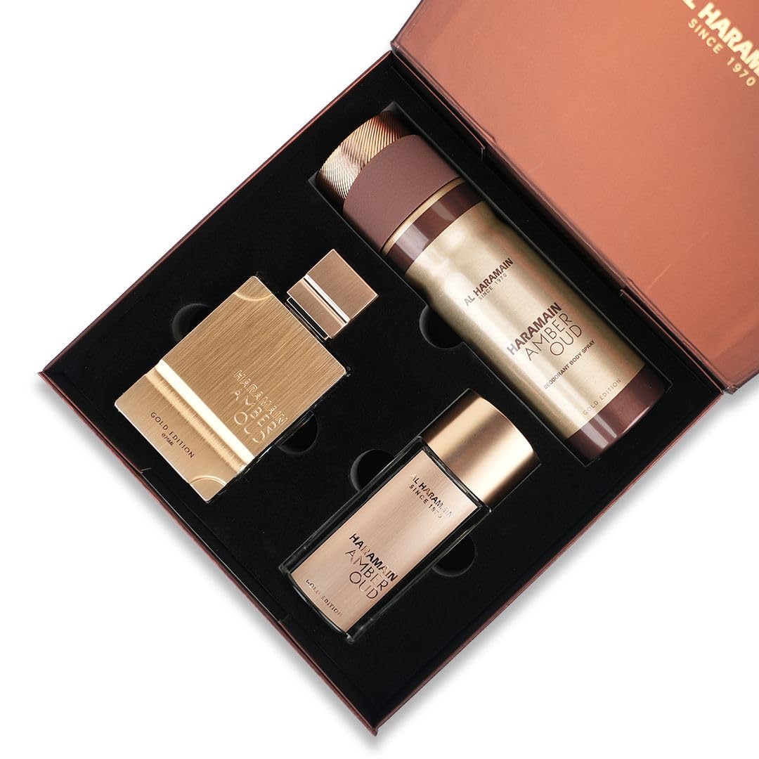 Al Haramain Amber Oud Gold Edition 3 Pc Gift Set for Unisex - Luxury Cologne & Perfume for Men & Women - 2.5 oz EDP Spray, 1 oz EDP Spray, 6.6 oz Body Spray - Arabian & Arabic Long Lasting Fragrance