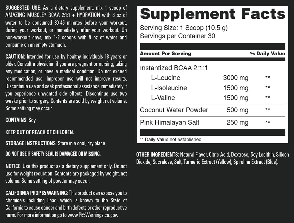 Amazing Muscle BCAA 2:1:1 + Hydratation | 30 Servings | 315 Grams | Natural Lemon Lime Flavor | Branched Amino Acids Supplement | Made in USA