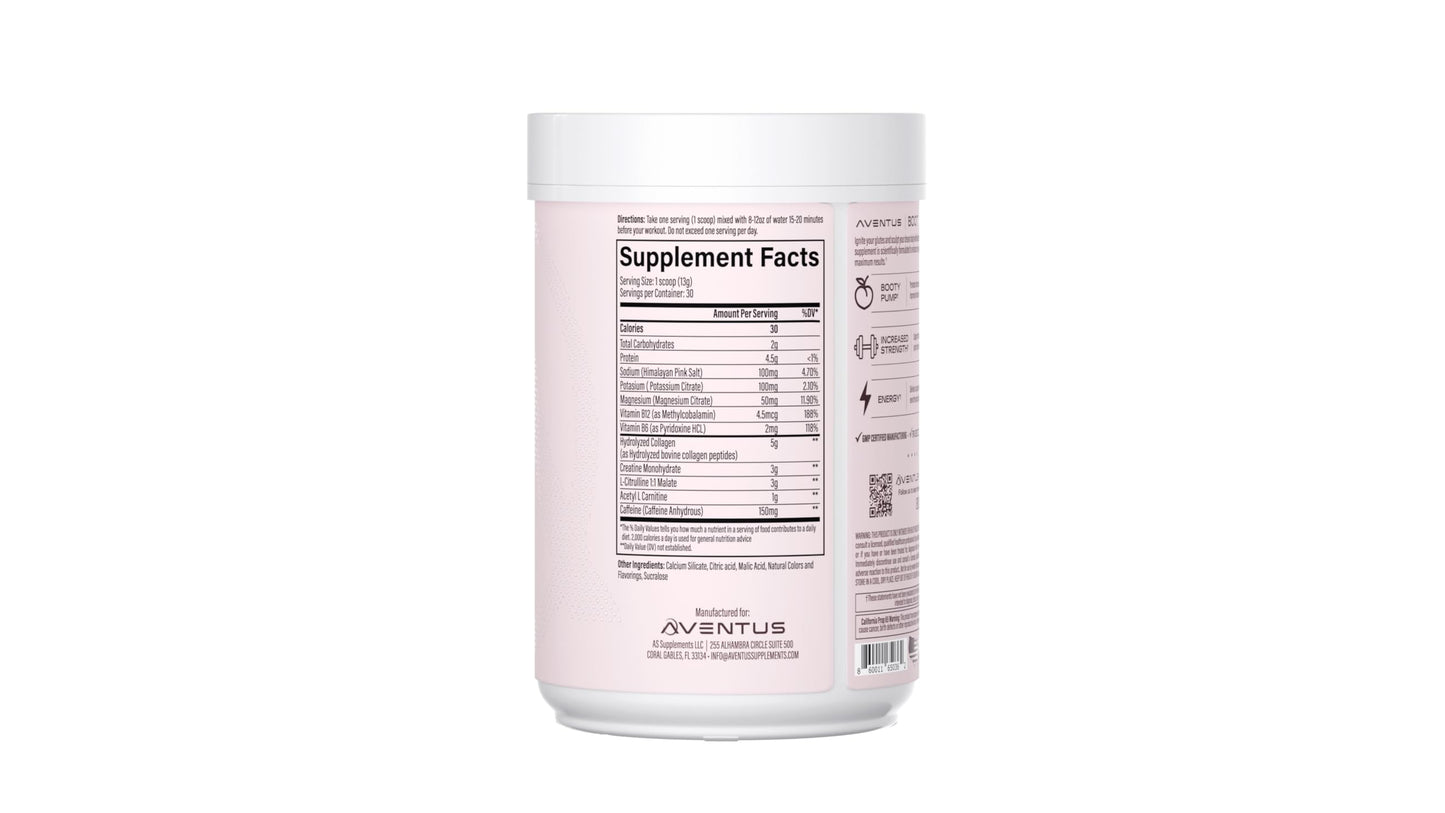 Aventus Booty Pump Pre-Workout Powder | Pump, Strength and Energy with Collagen, Creatine, Caffeine and More, 30 Servings (30 servinga, Watermelon)