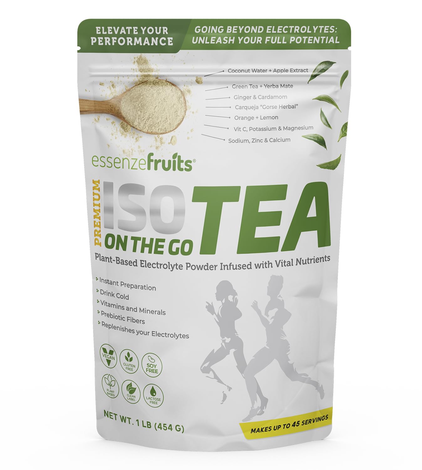 Essenzefruits ISOTEA Plant-Based Electrolytes Powder & Hydration - Daily Drink - Low Sodium and Stevia Free 1 lb (454 g) Pack - Made with 9 Superfoods + 5 High Performance Minerals (45 Servings)