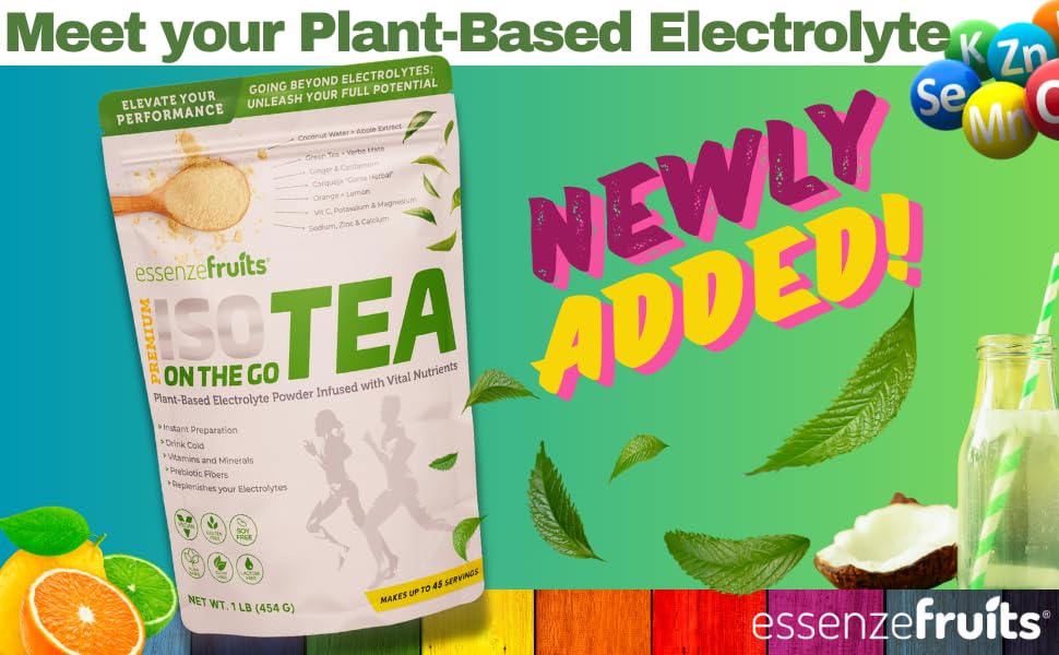 Essenzefruits ISOTEA Plant-Based Electrolytes Powder & Hydration - Daily Drink - Low Sodium and Stevia Free 1 lb (454 g) Pack - Made with 9 Superfoods + 5 High Performance Minerals (45 Servings)