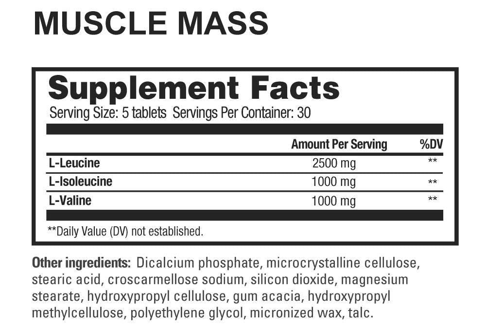 Beverly International Muscle Mass, 150 Tablets. A Free-Form Branched-Chain Amino Acid (BCAA) for Lean Muscle Mass & Recovery. Contains 2.5:1:1 Ratio of Leucine to Isoleucine to Valine. Muscle Fuel