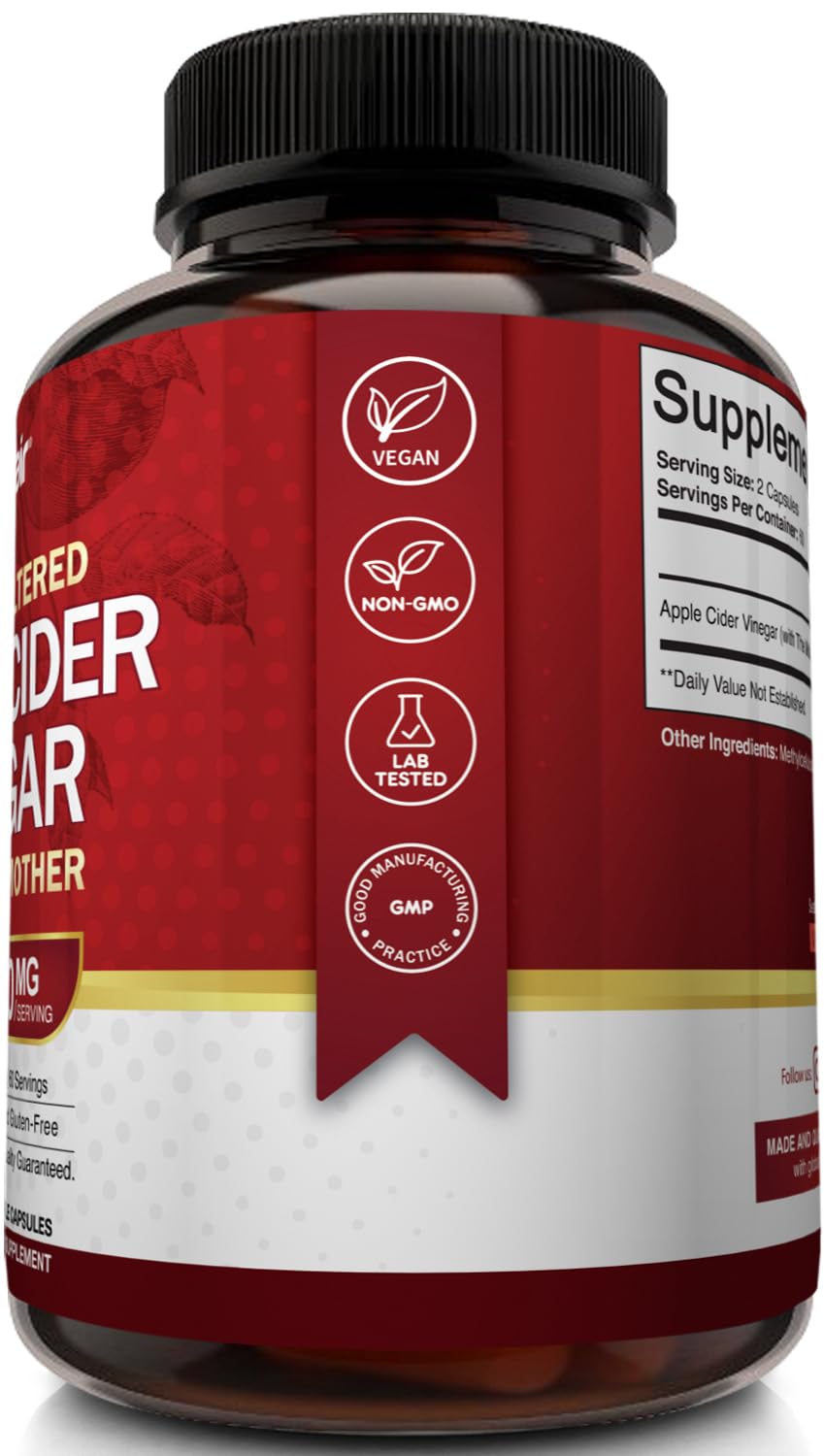 Apple Cider Vinegar Capsules with The Mother - 120 Vegan ACV Pills - Best Supplement for Healthy Weight Loss, Diet, Keto, Digestion, Detox, Immune - Powerful Cleanser & Appetite Suppressant Non-GMO