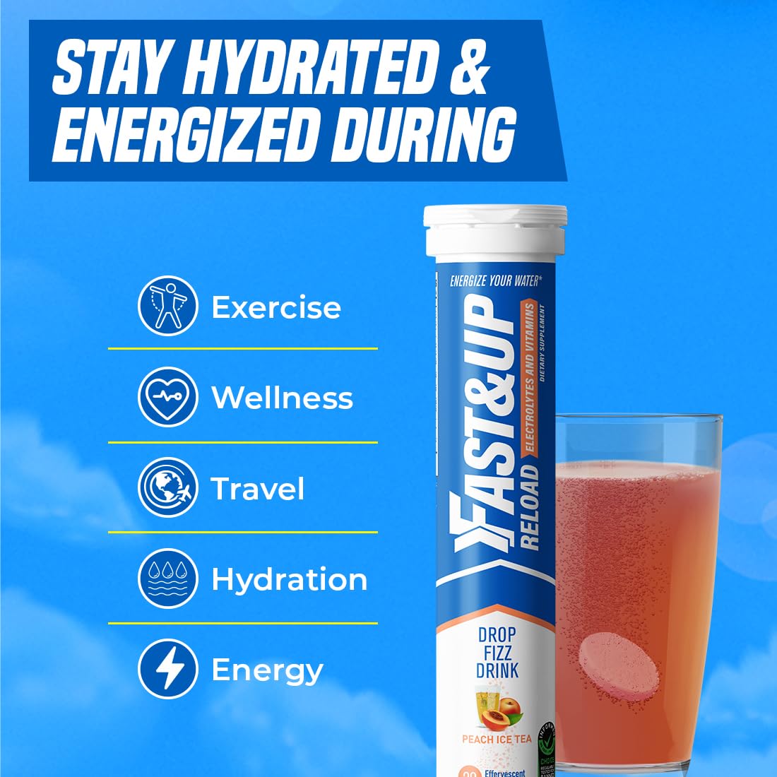 FAST&UP Reload - Instant Hydration and Electrolytes Replenishment - Saver Multipack - 60 Effervescent Tablets (Peach Ice Tea)