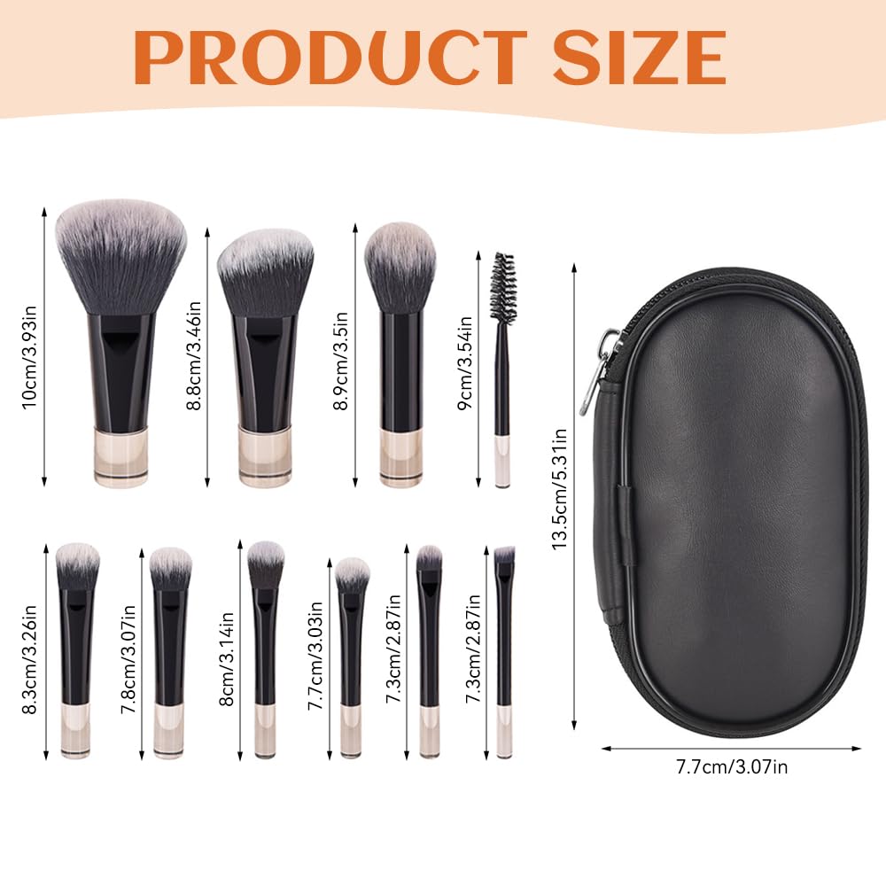 FDKYOEK 10 PCS Travel Makeup Brush Set, Mini Makeup Brushes with Brush Pouch, Professional Travel Size Cosmetic Brush Kit for Foundation Concealer Blush Powder Eyeshadow Cosmetics, Black