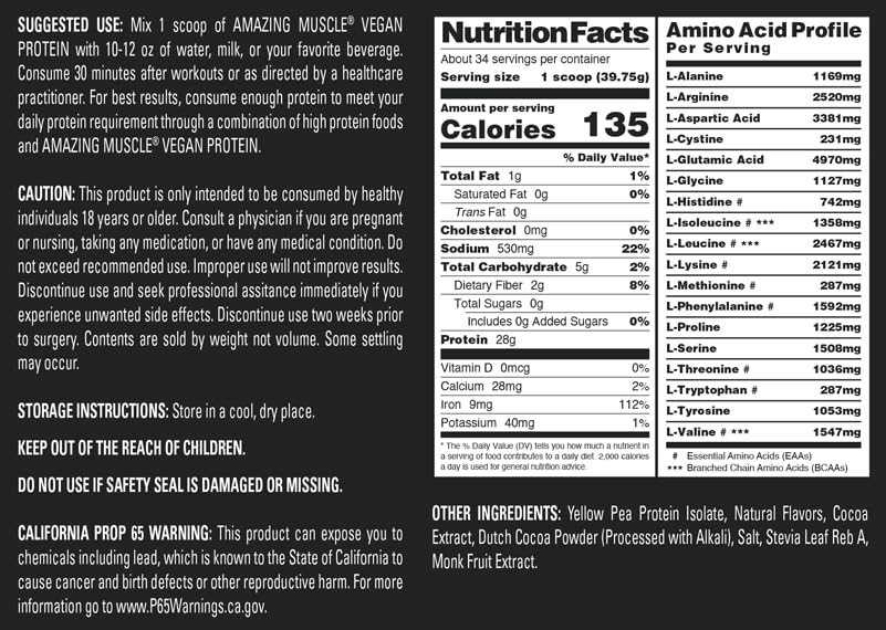 Amazing Muscle Vegan Protein Powder | 28 Grams Protein | 34 Servings | Zero Sugar | Yellow Pea Protein Isolate Supplement | Made in USA (3 Lb, Chocolate)