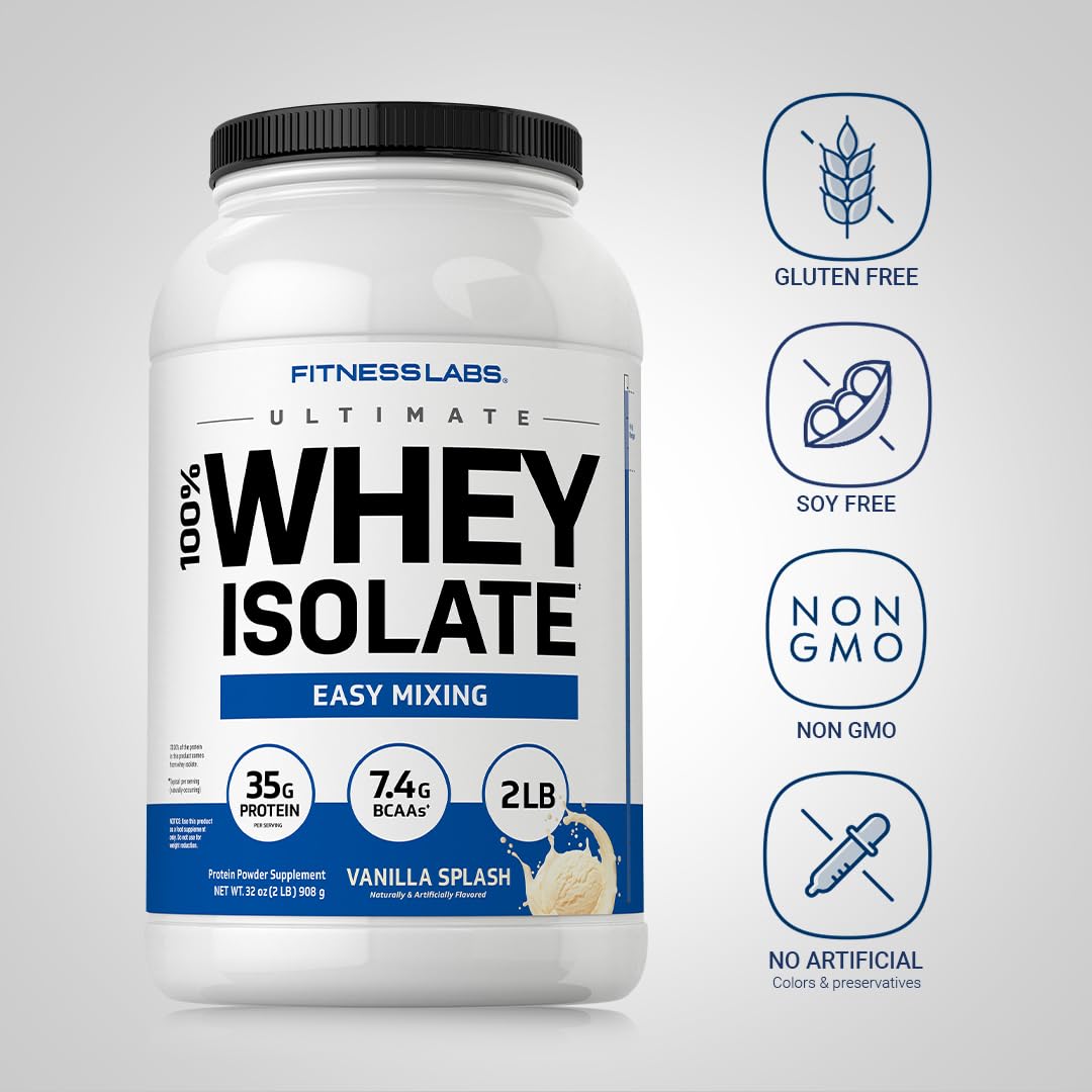 Fitness Labs Whey Protein Isolate Powder | 2lb | 35g Protein | Vanilla Flavor | with BCAAs | Non-GMO, Gluten Free Supplement