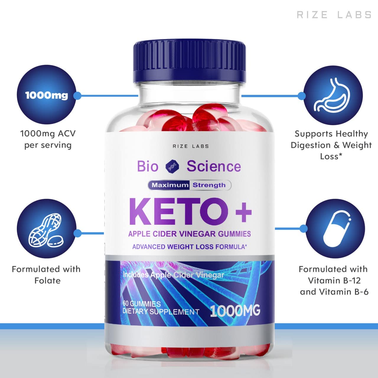 rize labs - Bio Science Keto Plus Gummies for Weight Loss, Extra Strength, Advanced Formula Includes Apple Cider Vinegar Gummies (60 Gummies)