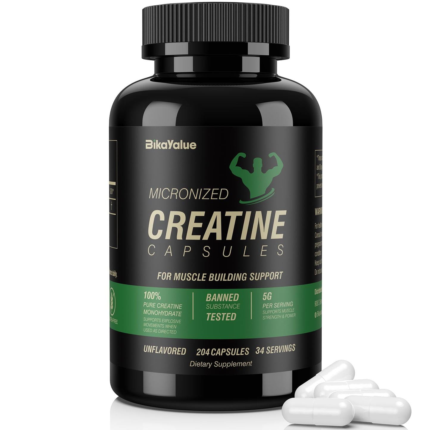 BIKAYALUE Micronized Creatine Monohydrate Capsules, 204 Creatine Capsules Supplement for Muscle, Strength, Performance, Energy, Recovery, Gluten Free Creatine for Women and Men (34 Servings)