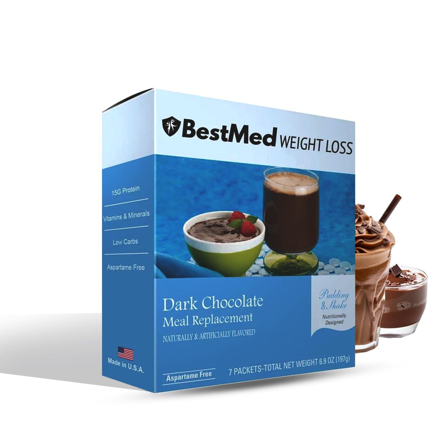 BestMed Weight Loss Dark Chocolate Pudding/Shake Mix - 7/Box | Gluten Free, KETO Friendly, Low Calorie, Low Carb, Vitamin Fortified, Meal Replacement