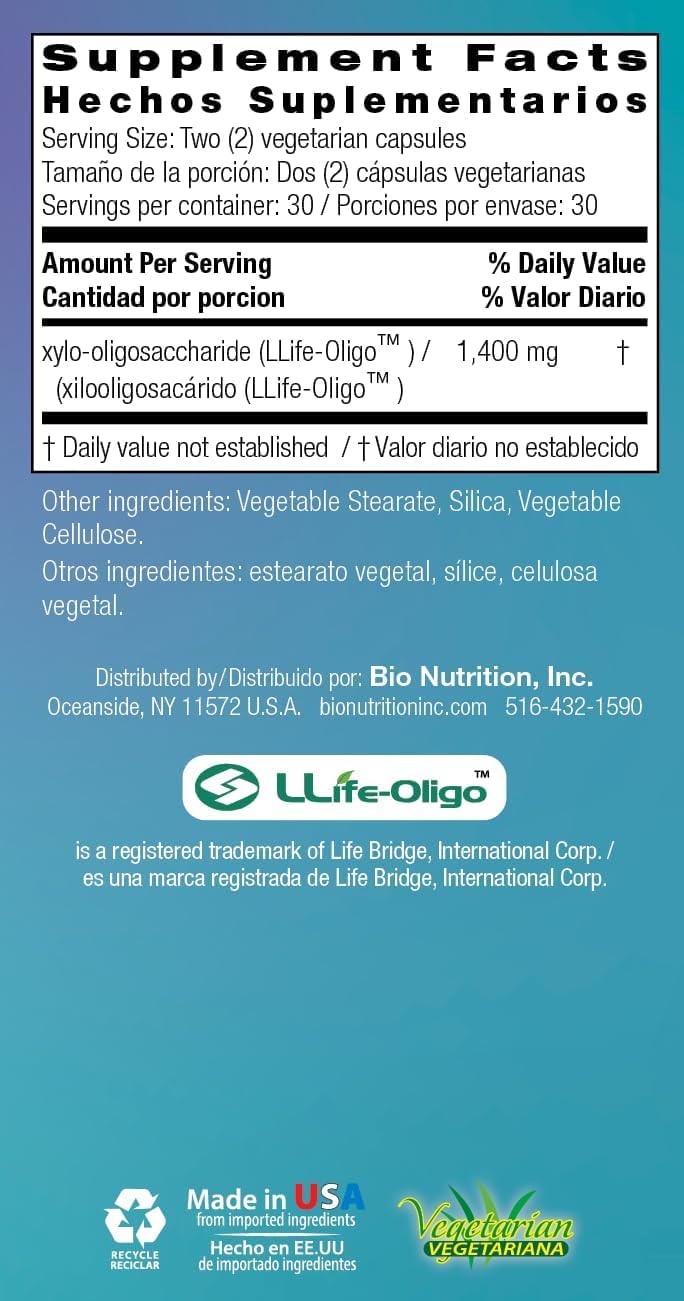 Bio Nutrition inc pre-biotic Fiber - llife-Oligo - 1400 Mg - 60 Vegetarian Capsules - Gluten Free - Improves Gut Health - Clinically Tested by
