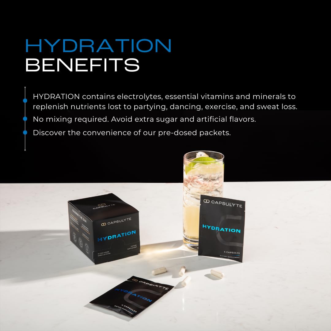 CAPSULYTE Hydration for After Alcohol and Workout Recovery | with Salt Electrolytes, Vitamins, Minerals | Liposomal Pureway C, Hydra 4G, Sodium, Potassium, Magnesium | Box of 14 Packets (56 Capsules)