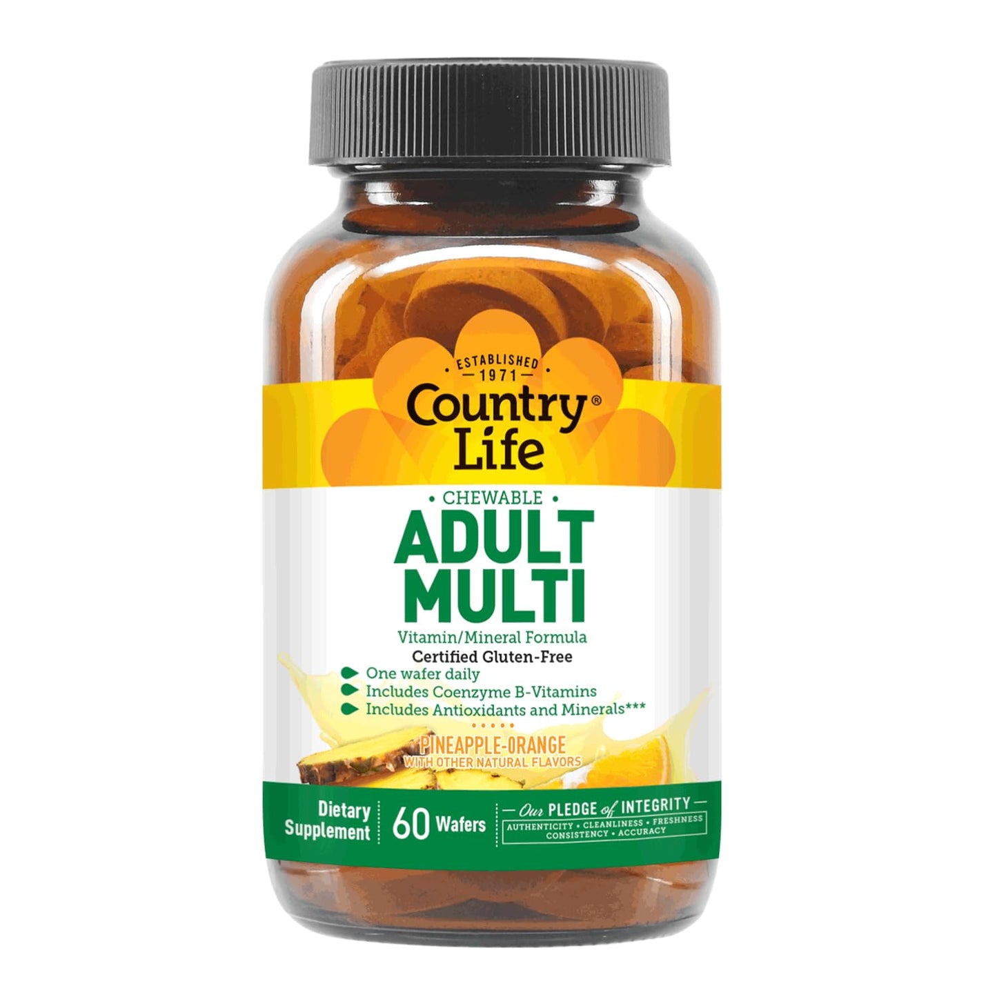 Country Life Adult Chewable Multivitamin with Coenzyme B-Vitamins, Antioxidants, Minerals, Pineapple-Orange Flavor - Supports Energy Metabolism and Immune Health, Gluten Free - 60 Wafers